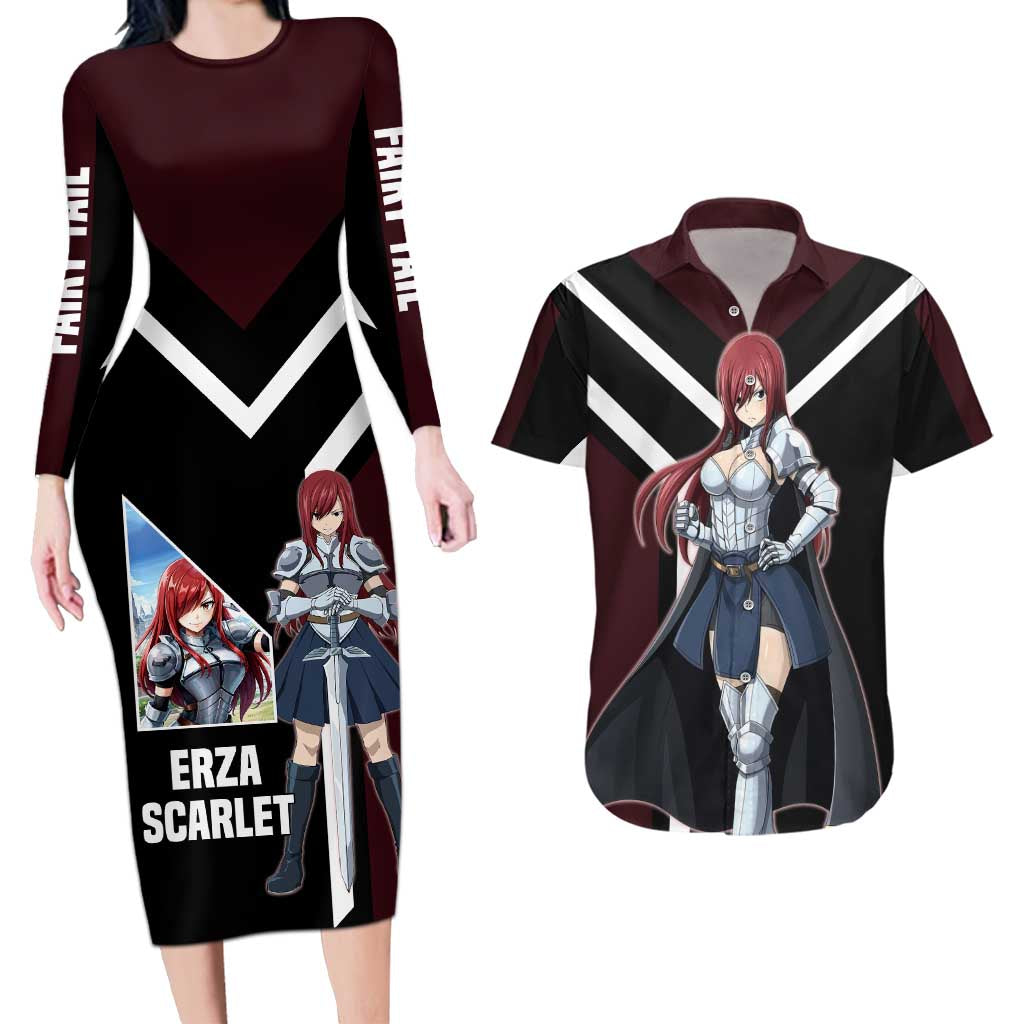 Erza Scarlet Fairy Tail Couples Matching Long Sleeve Bodycon Dress and Hawaiian Shirt with Armored Pose and Fierce Battle Design - The Mazicc