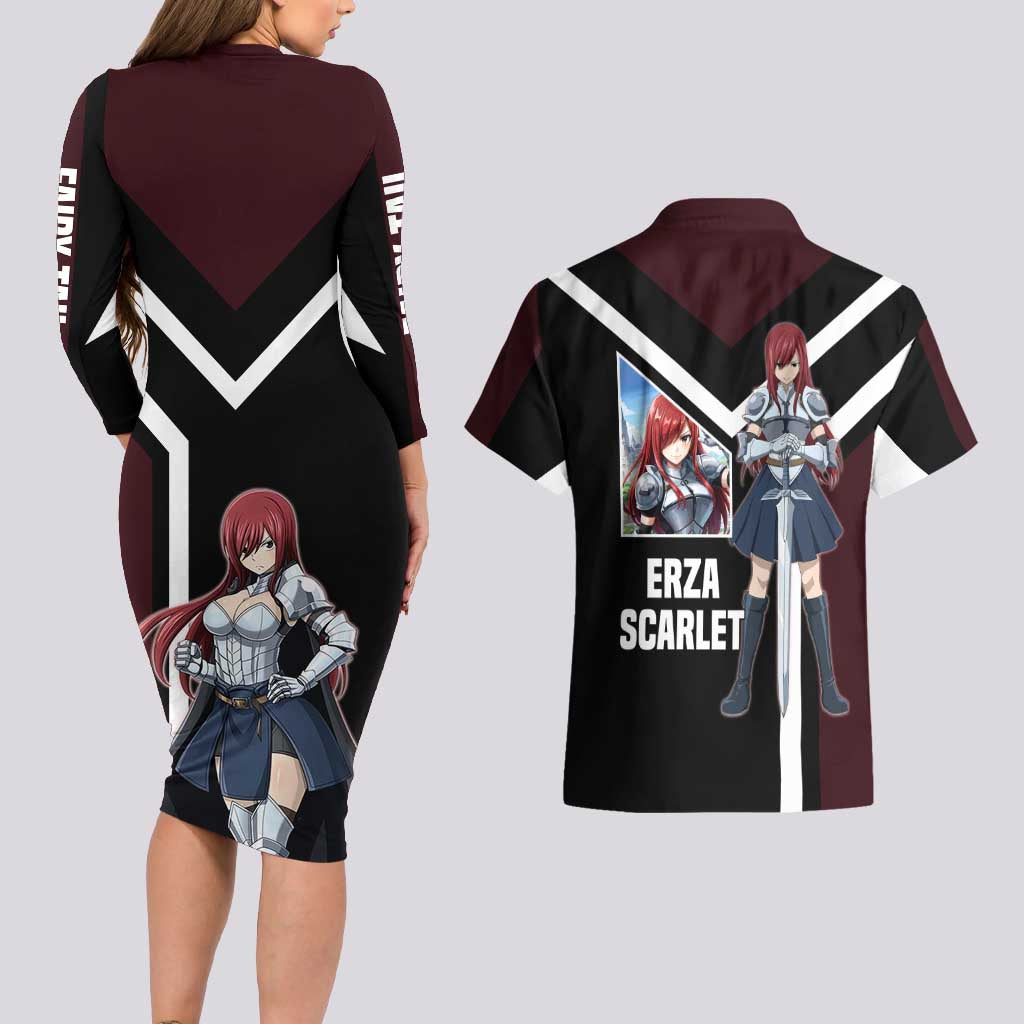 Erza Scarlet Fairy Tail Couples Matching Long Sleeve Bodycon Dress and Hawaiian Shirt with Armored Pose and Fierce Battle Design - The Mazicc