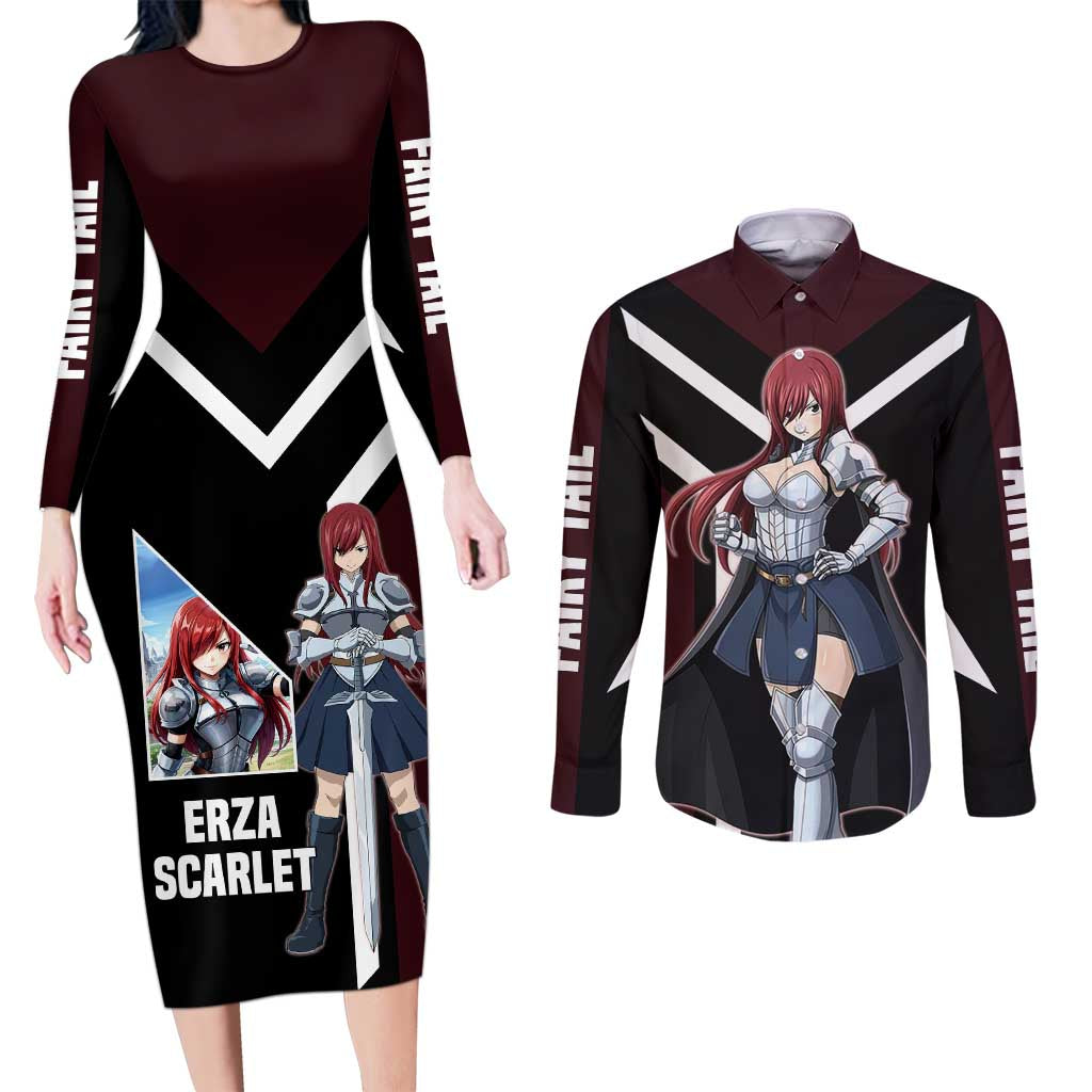 Erza Scarlet Fairy Tail Couples Matching Long Sleeve Bodycon Dress and Long Sleeve Button Shirt with Armored Pose and Fierce Battle Design - The Mazicc