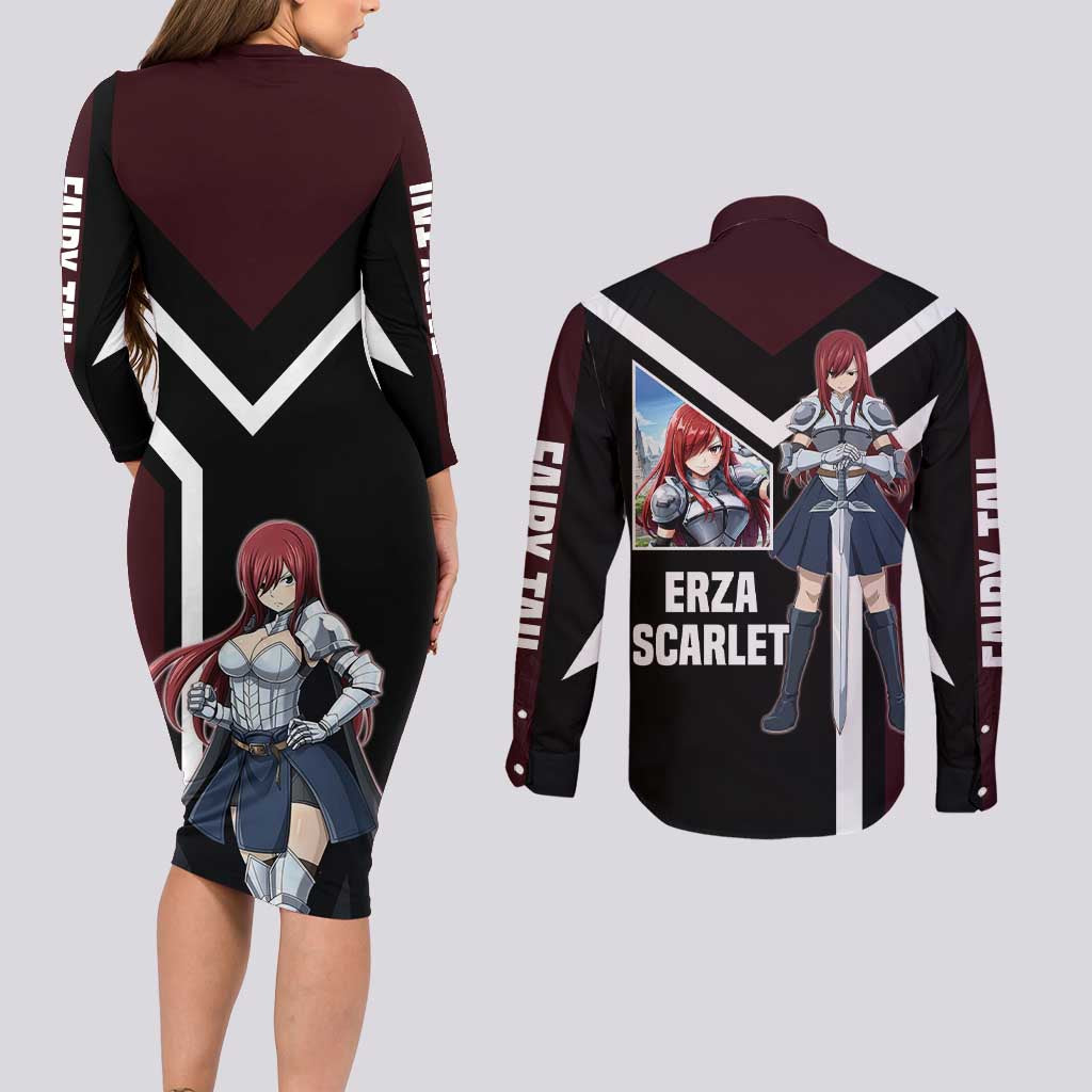 Erza Scarlet Fairy Tail Couples Matching Long Sleeve Bodycon Dress and Long Sleeve Button Shirt with Armored Pose and Fierce Battle Design - The Mazicc