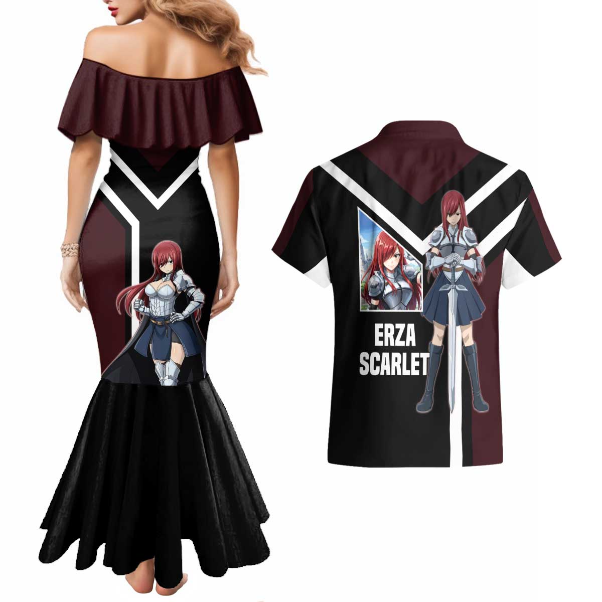 Erza Scarlet Fairy Tail Couples Matching Mermaid Dress and Hawaiian Shirt with Armored Pose and Fierce Battle Design - The Mazicc