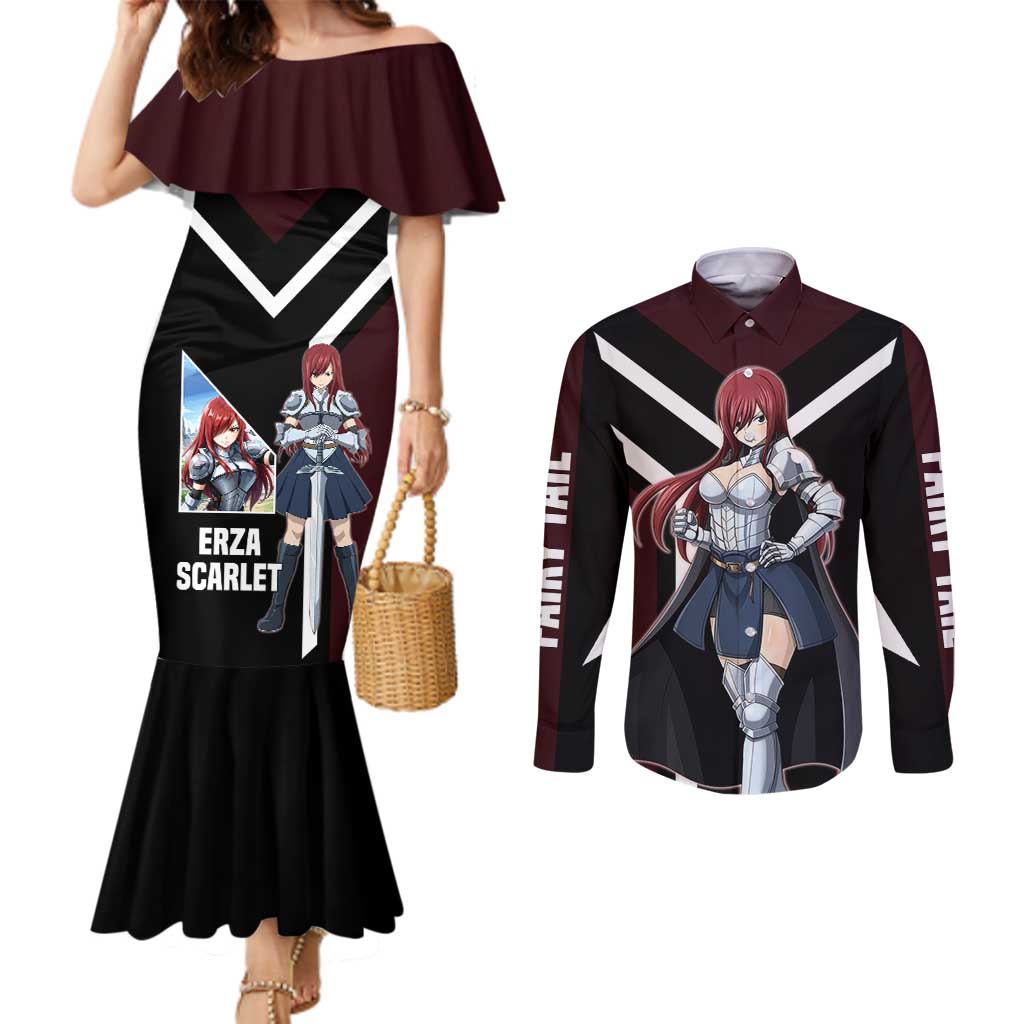 Erza Scarlet Fairy Tail Couples Matching Mermaid Dress and Long Sleeve Button Shirt with Armored Pose and Fierce Battle Design - The Mazicc
