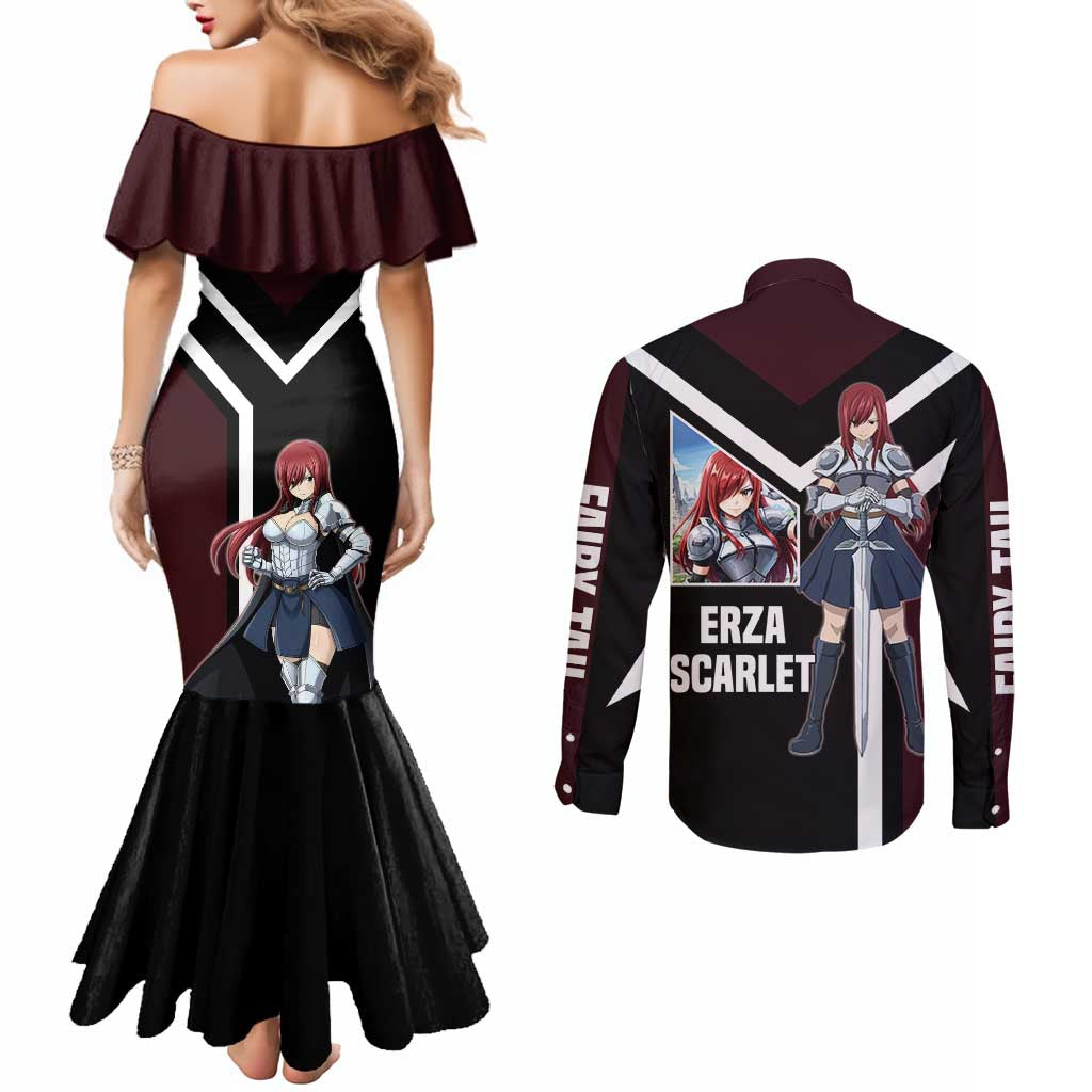 Erza Scarlet Fairy Tail Couples Matching Mermaid Dress and Long Sleeve Button Shirt with Armored Pose and Fierce Battle Design - The Mazicc