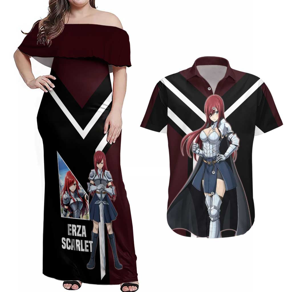 Erza Scarlet Fairy Tail Couples Matching Off Shoulder Maxi Dress and Hawaiian Shirt with Armored Pose and Fierce Battle Design - The Mazicc