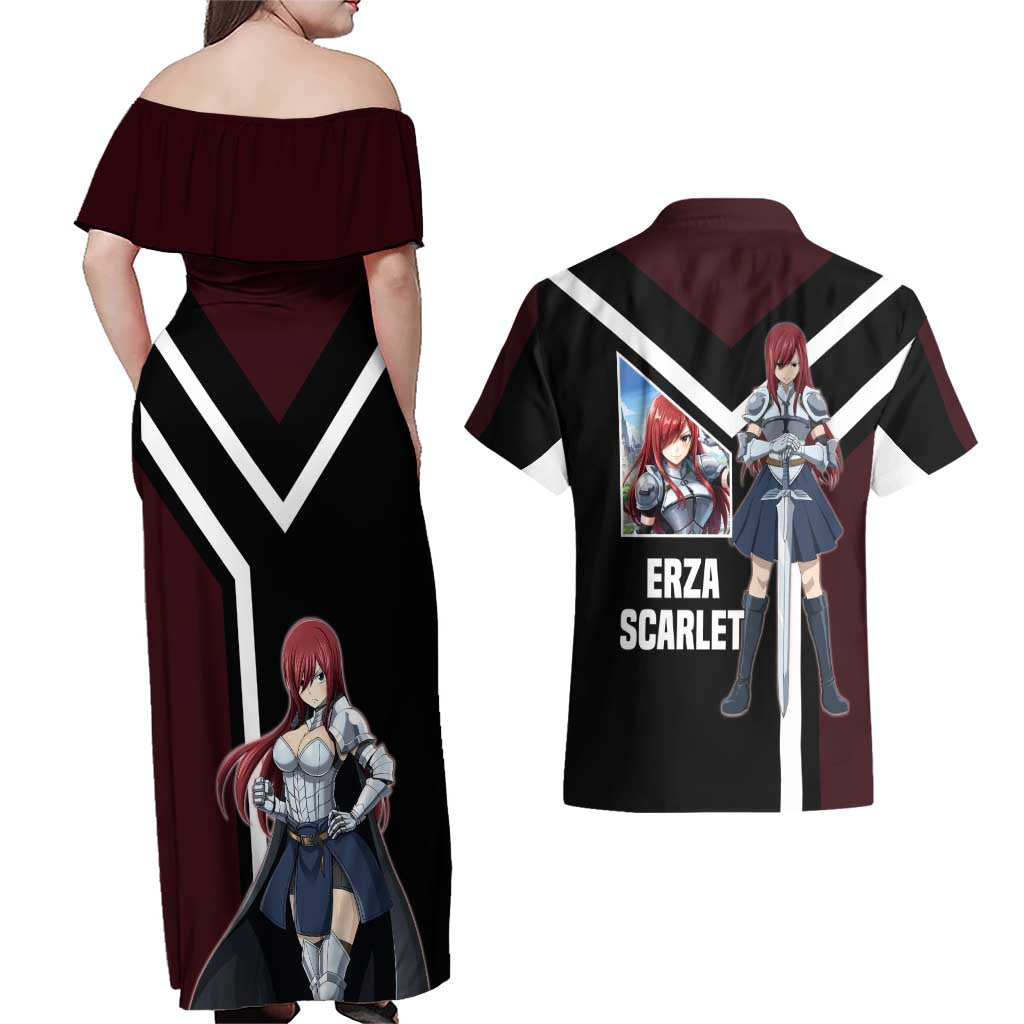 Erza Scarlet Fairy Tail Couples Matching Off Shoulder Maxi Dress and Hawaiian Shirt with Armored Pose and Fierce Battle Design - The Mazicc