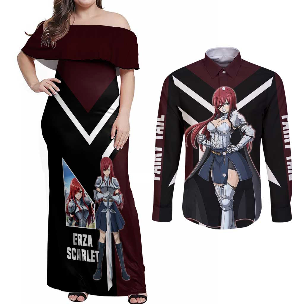 Erza Scarlet Fairy Tail Couples Matching Off Shoulder Maxi Dress and Long Sleeve Button Shirt with Armored Pose and Fierce Battle Design - The Mazicc