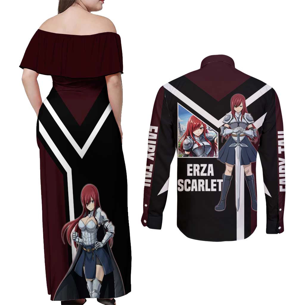 Erza Scarlet Fairy Tail Couples Matching Off Shoulder Maxi Dress and Long Sleeve Button Shirt with Armored Pose and Fierce Battle Design - The Mazicc