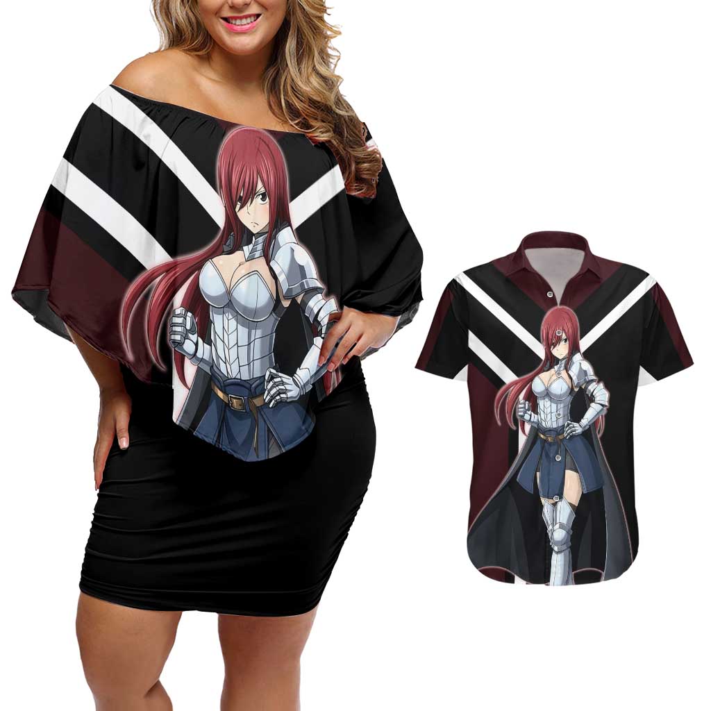 Erza Scarlet Fairy Tail Couples Matching Off Shoulder Short Dress and Hawaiian Shirt with Armored Pose and Fierce Battle Design - The Mazicc