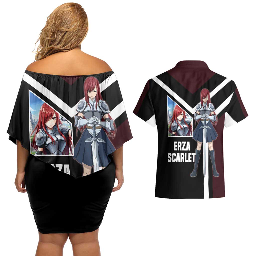 Erza Scarlet Fairy Tail Couples Matching Off Shoulder Short Dress and Hawaiian Shirt with Armored Pose and Fierce Battle Design - The Mazicc