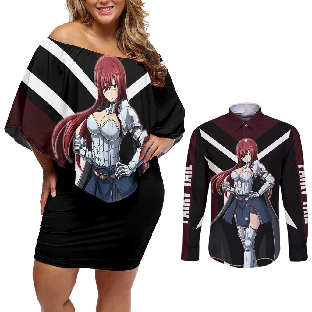 Erza Scarlet Fairy Tail Couples Matching Off Shoulder Short Dress and Long Sleeve Button Shirt with Armored Pose and Fierce Battle Design - The Mazicc