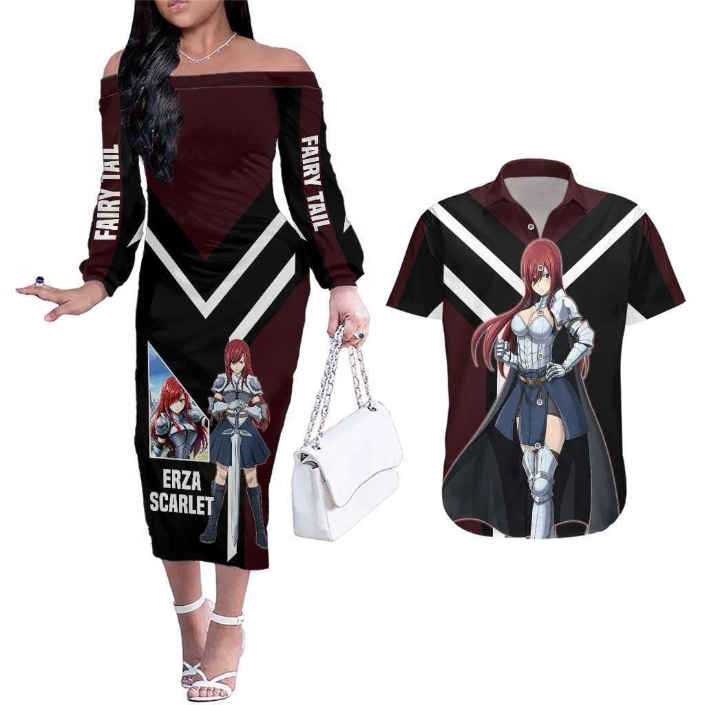 Erza Scarlet Fairy Tail Couples Matching Off The Shoulder Long Sleeve Dress and Hawaiian Shirt with Armored Pose and Fierce Battle Design - The Mazicc