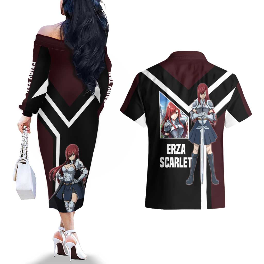Erza Scarlet Fairy Tail Couples Matching Off The Shoulder Long Sleeve Dress and Hawaiian Shirt with Armored Pose and Fierce Battle Design - The Mazicc