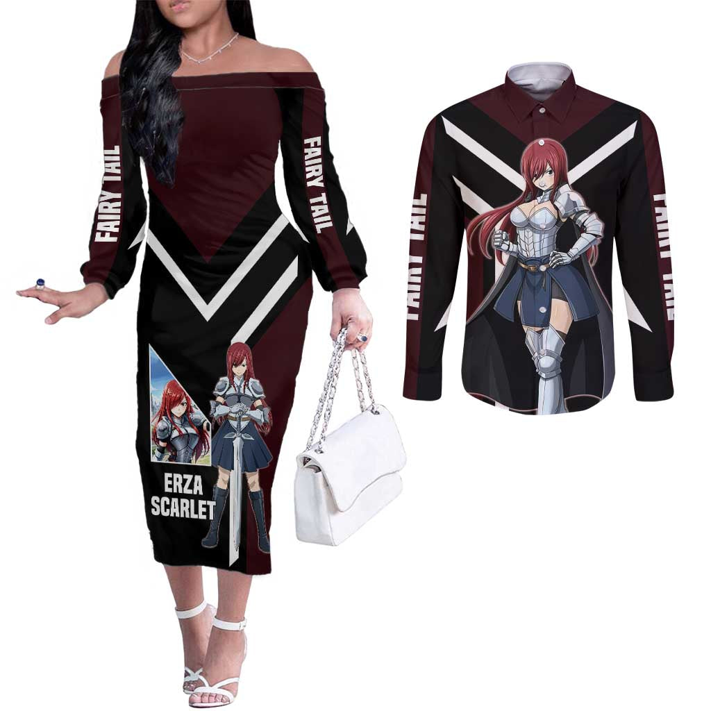 Erza Scarlet Fairy Tail Couples Matching Off The Shoulder Long Sleeve Dress and Long Sleeve Button Shirt with Armored Pose and Fierce Battle Design - The Mazicc