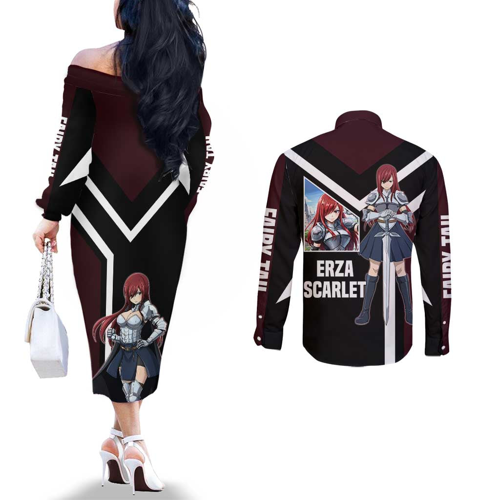 Erza Scarlet Fairy Tail Couples Matching Off The Shoulder Long Sleeve Dress and Long Sleeve Button Shirt with Armored Pose and Fierce Battle Design - The Mazicc