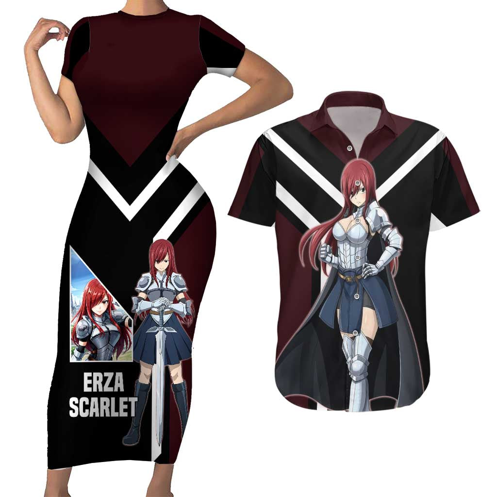 Erza Scarlet Fairy Tail Couples Matching Short Sleeve Bodycon Dress and Hawaiian Shirt with Armored Pose and Fierce Battle Design - The Mazicc
