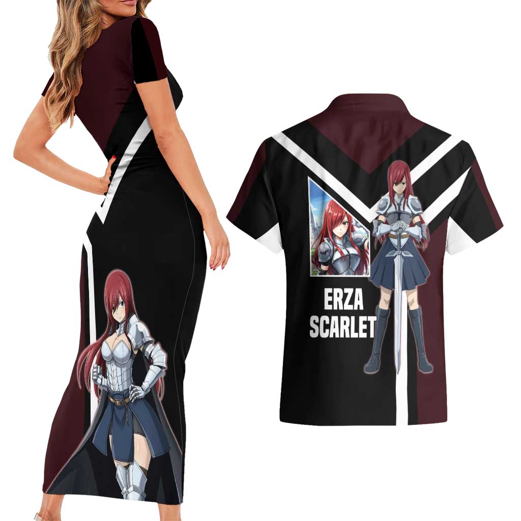 Erza Scarlet Fairy Tail Couples Matching Short Sleeve Bodycon Dress and Hawaiian Shirt with Armored Pose and Fierce Battle Design - The Mazicc