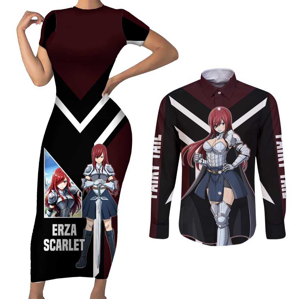 Erza Scarlet Fairy Tail Couples Matching Short Sleeve Bodycon Dress and Long Sleeve Button Shirt with Armored Pose and Fierce Battle Design - The Mazicc