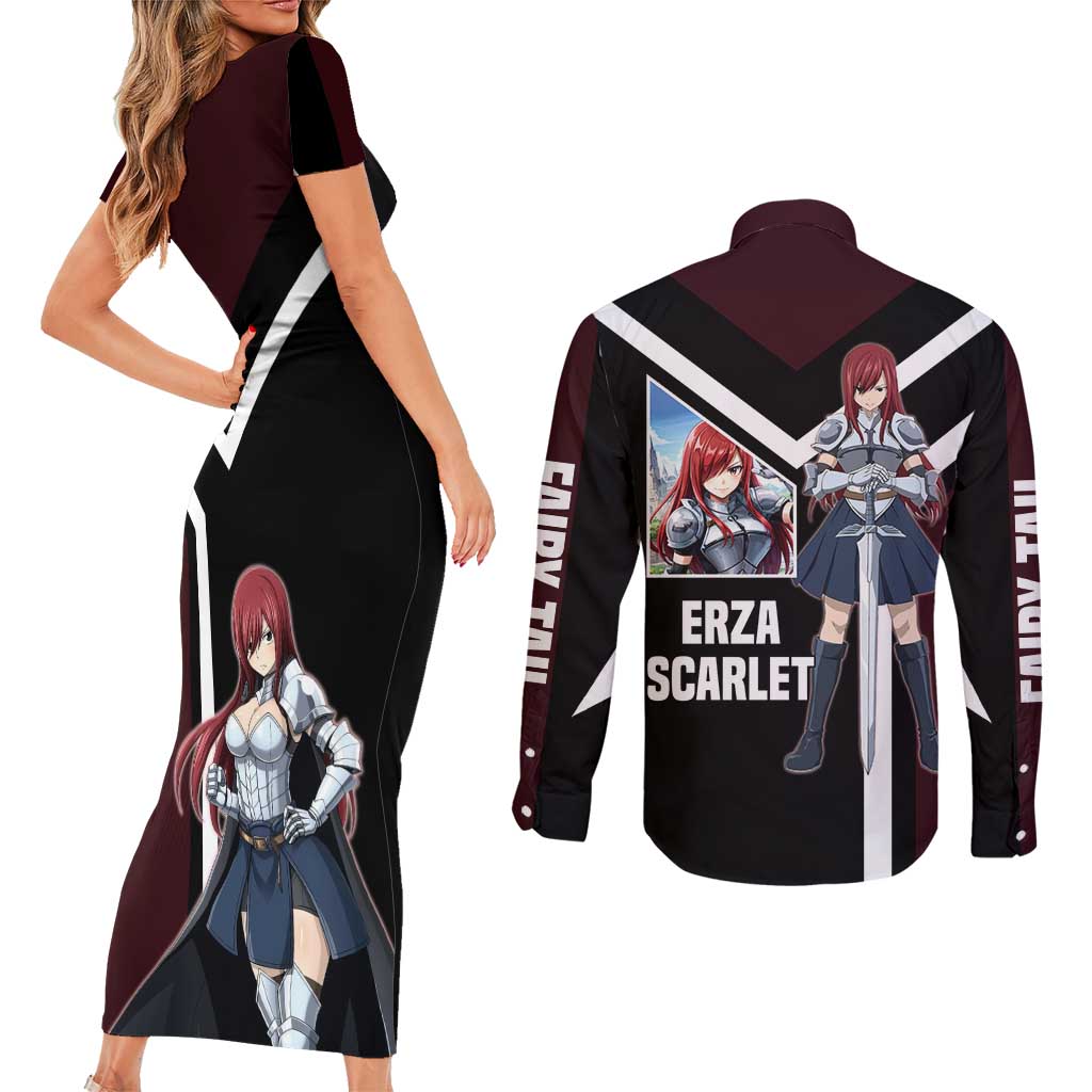 Erza Scarlet Fairy Tail Couples Matching Short Sleeve Bodycon Dress and Long Sleeve Button Shirt with Armored Pose and Fierce Battle Design - The Mazicc