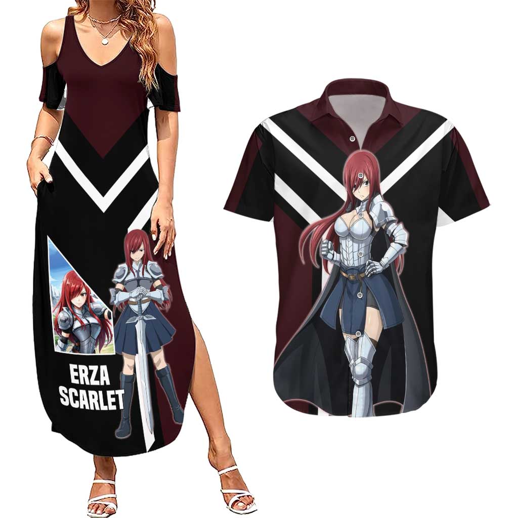 Erza Scarlet Fairy Tail Couples Matching Summer Maxi Dress and Hawaiian Shirt with Armored Pose and Fierce Battle Design - The Mazicc