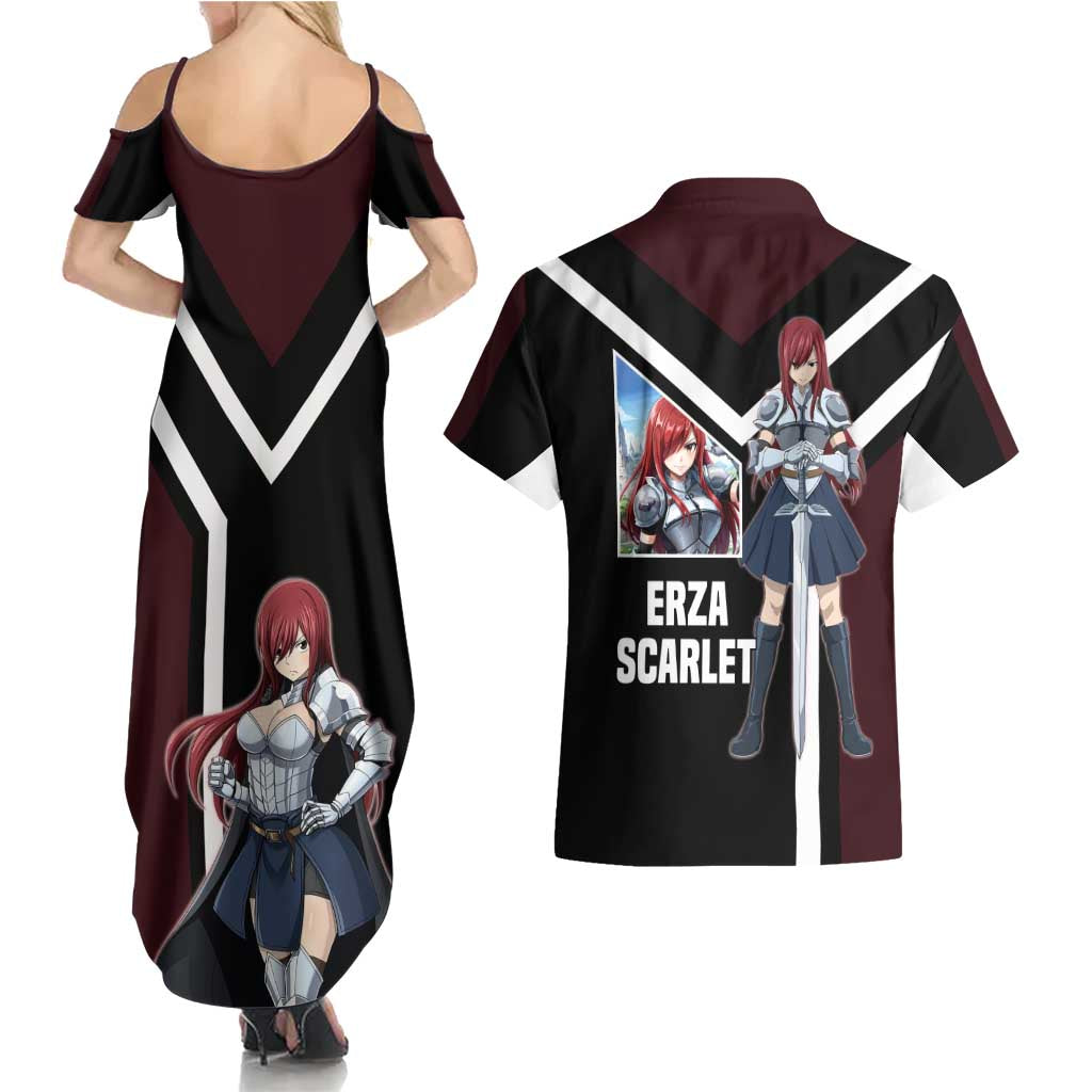 Erza Scarlet Fairy Tail Couples Matching Summer Maxi Dress and Hawaiian Shirt with Armored Pose and Fierce Battle Design - The Mazicc