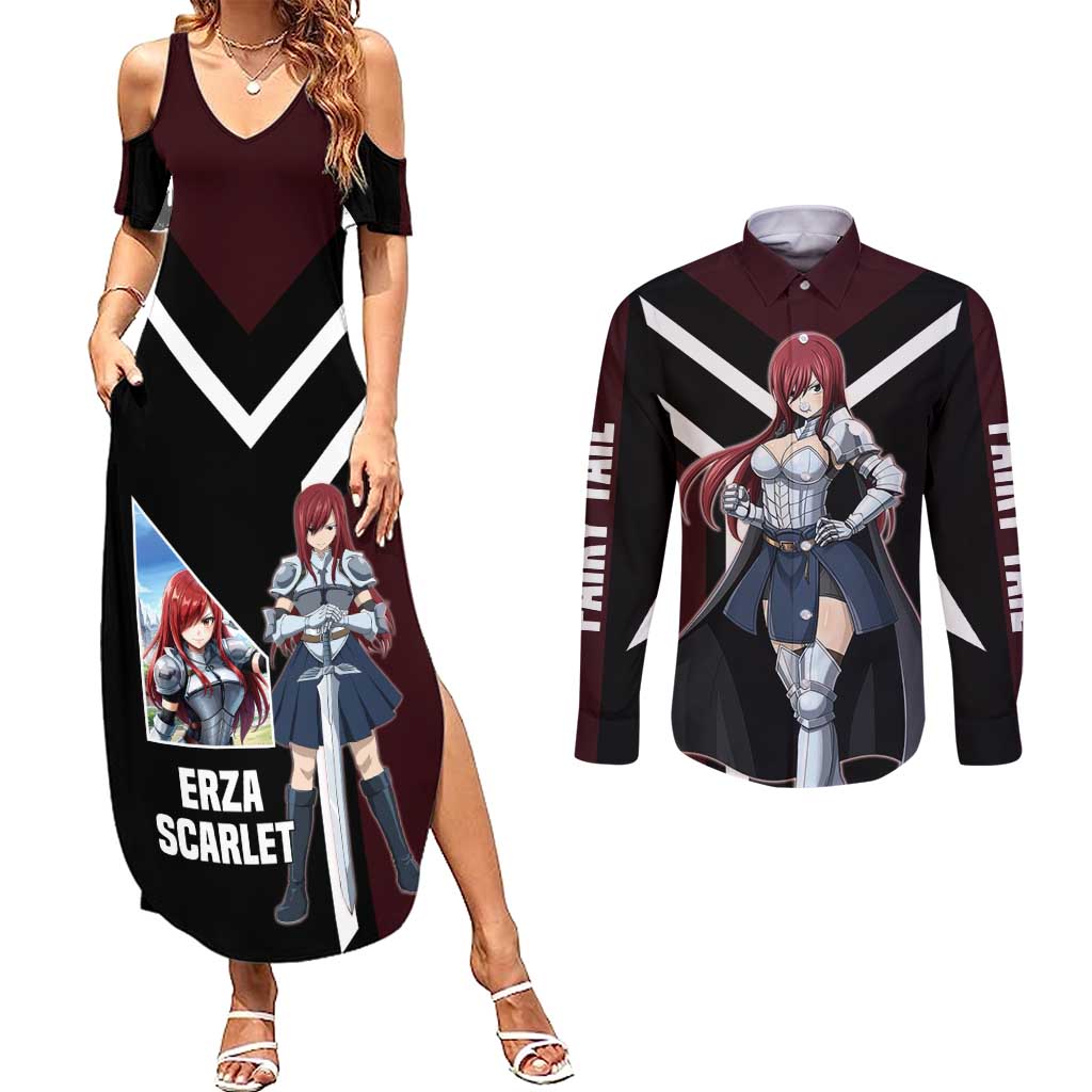 Erza Scarlet Fairy Tail Couples Matching Summer Maxi Dress and Long Sleeve Button Shirt with Armored Pose and Fierce Battle Design - The Mazicc