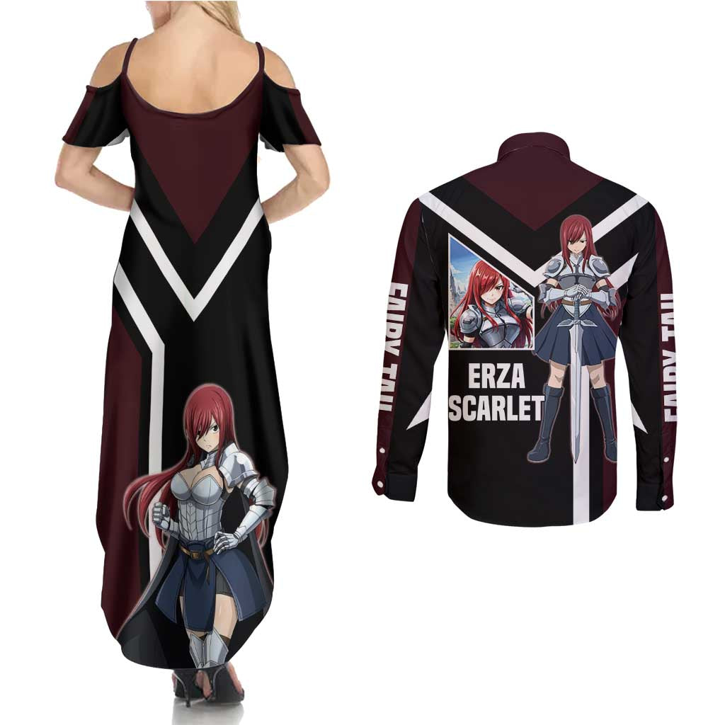Erza Scarlet Fairy Tail Couples Matching Summer Maxi Dress and Long Sleeve Button Shirt with Armored Pose and Fierce Battle Design - The Mazicc