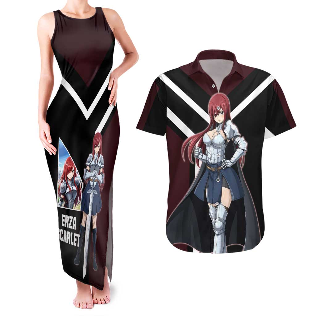 Erza Scarlet Fairy Tail Couples Matching Tank Maxi Dress and Hawaiian Shirt with Armored Pose and Fierce Battle Design - The Mazicc