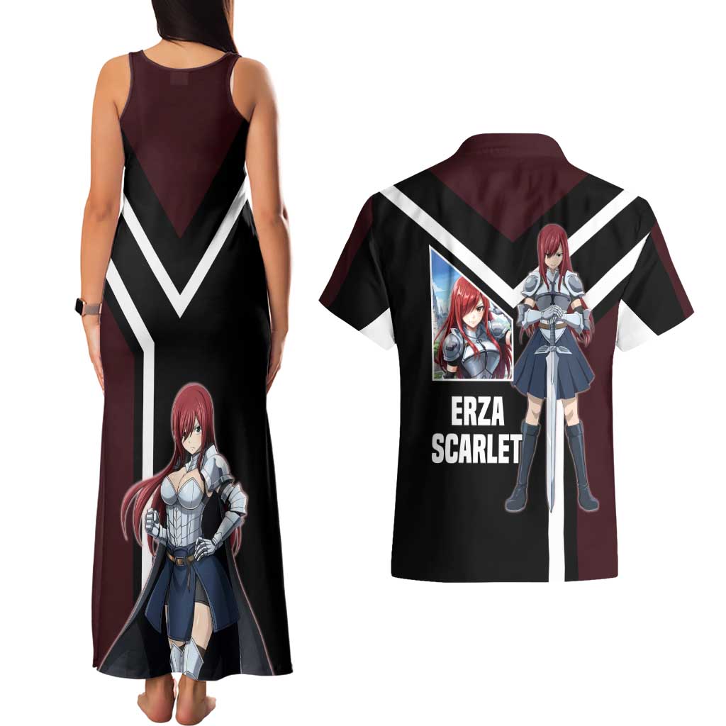 Erza Scarlet Fairy Tail Couples Matching Tank Maxi Dress and Hawaiian Shirt with Armored Pose and Fierce Battle Design - The Mazicc