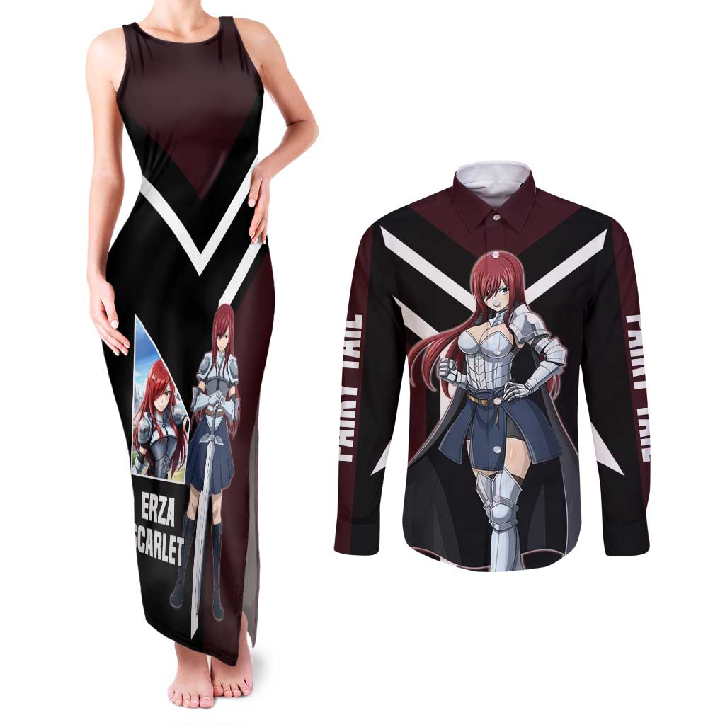Erza Scarlet Fairy Tail Couples Matching Tank Maxi Dress and Long Sleeve Button Shirt with Armored Pose and Fierce Battle Design - The Mazicc