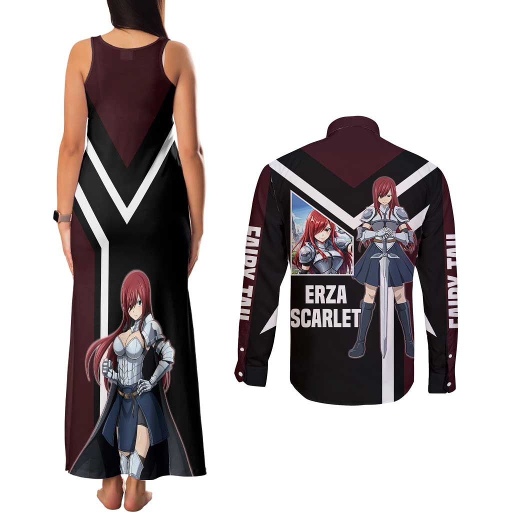 Erza Scarlet Fairy Tail Couples Matching Tank Maxi Dress and Long Sleeve Button Shirt with Armored Pose and Fierce Battle Design - The Mazicc