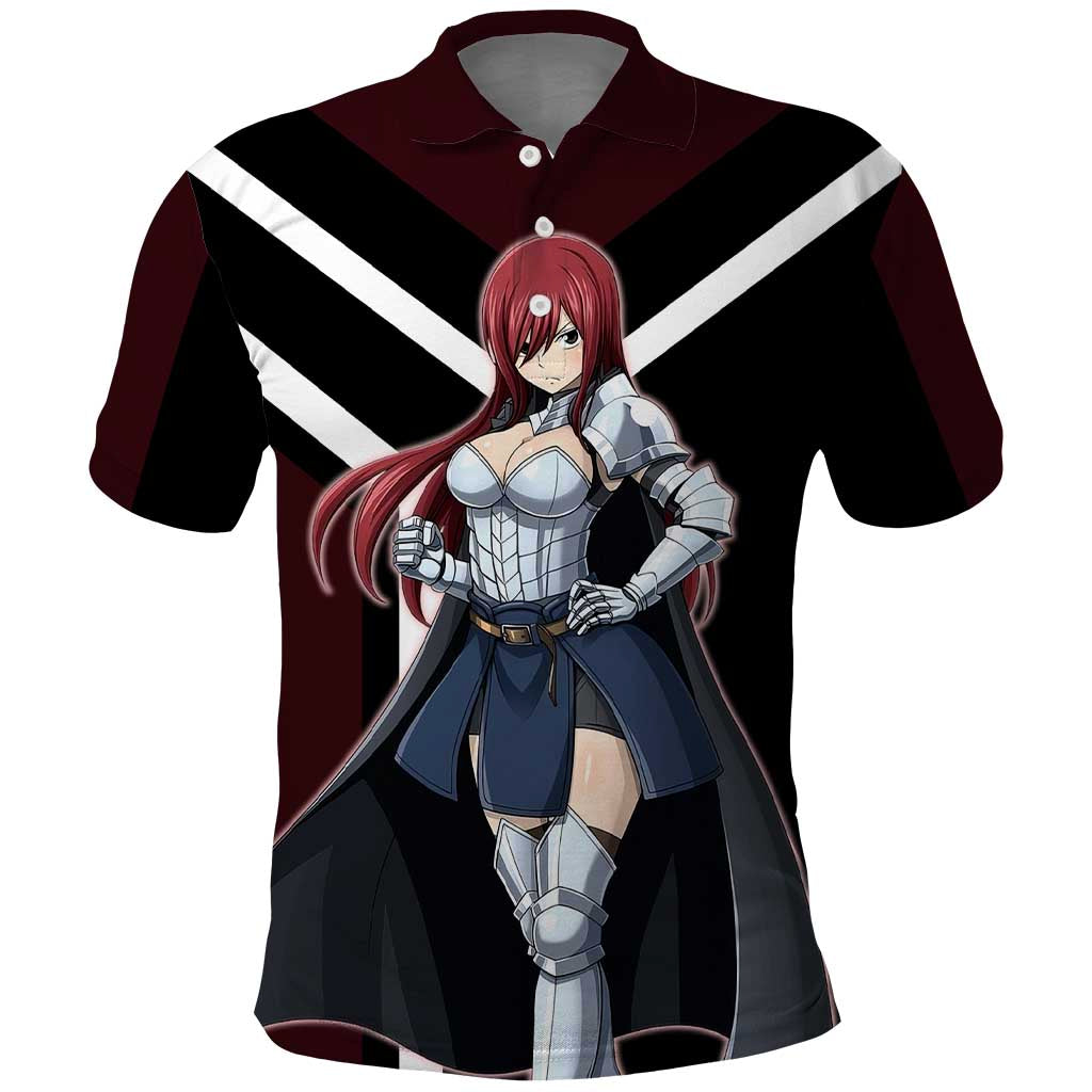 Erza Scarlet Fairy Tail Polo Shirt with Armored Pose and Fierce Battle Design - The Mazicc
