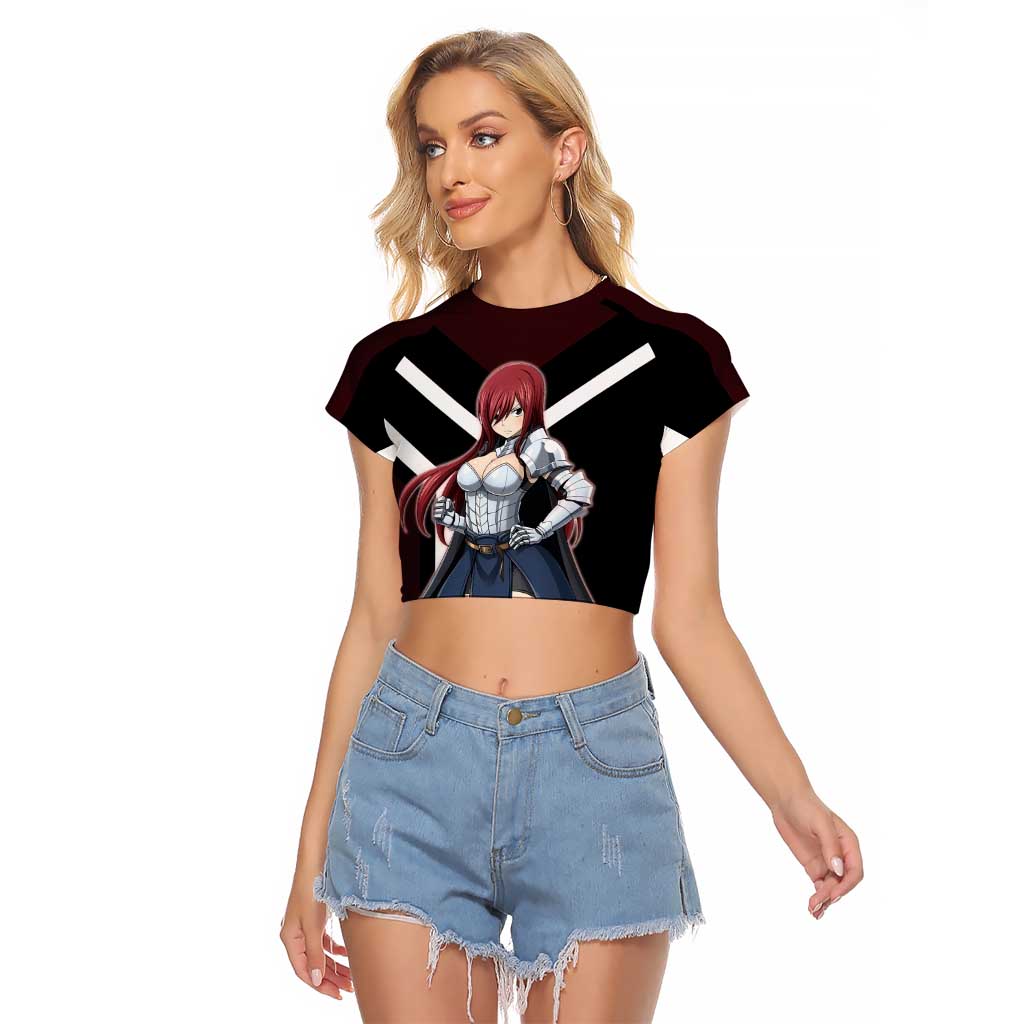 Erza Scarlet Fairy Tail Raglan Cropped T Shirt with Armored Pose and Fierce Battle Design - The Mazicc