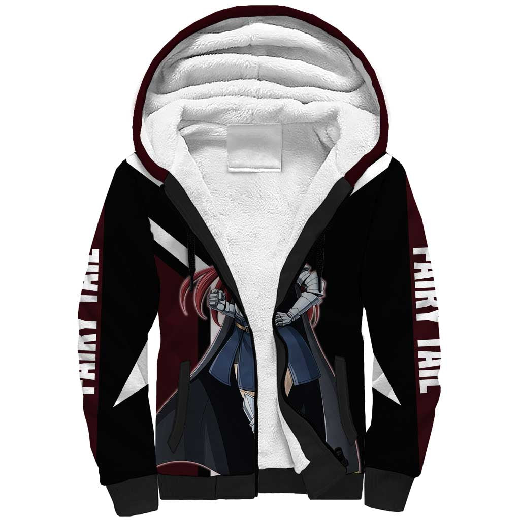 Erza Scarlet Fairy Tail Sherpa Hoodie with Armored Pose and Fierce Battle Design - The Mazicc