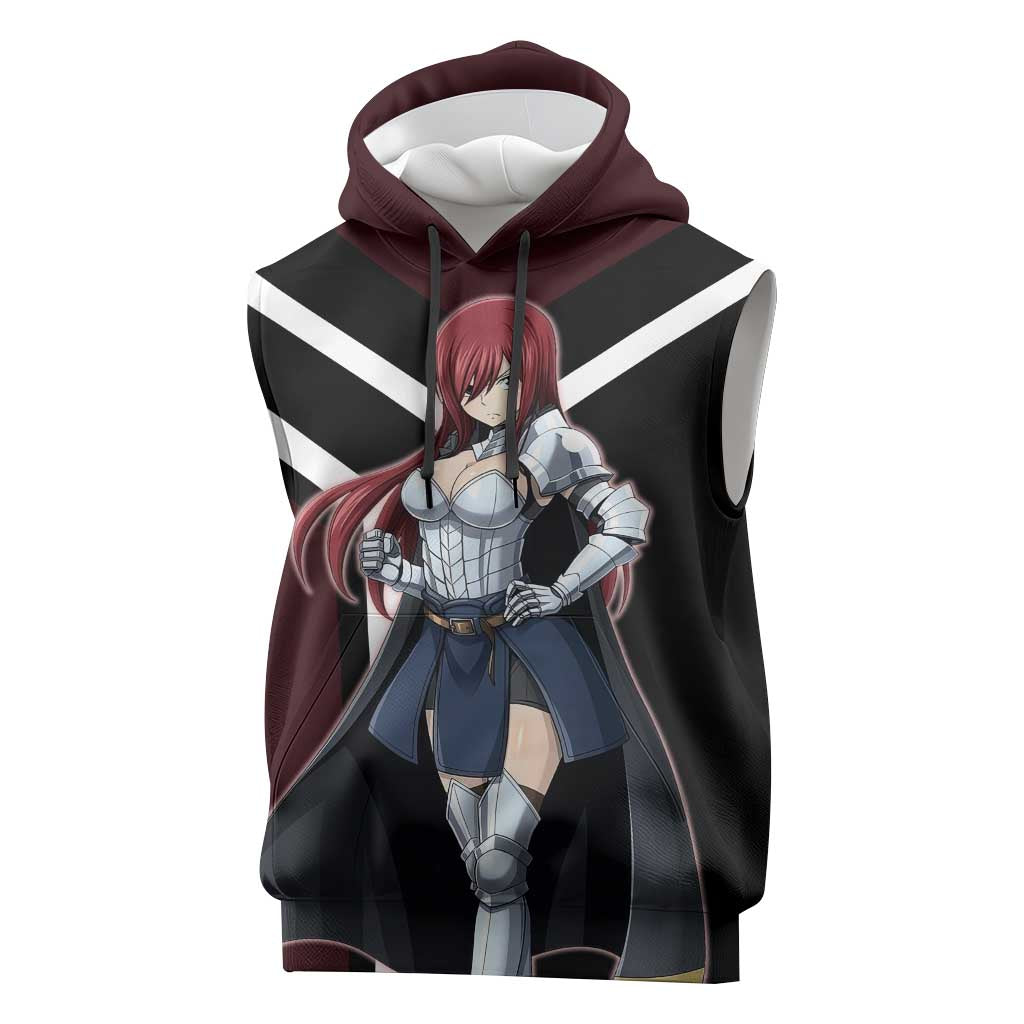 Erza Scarlet Fairy Tail Sleeveless Hoodie with Armored Pose and Fierce Battle Design - The Mazicc
