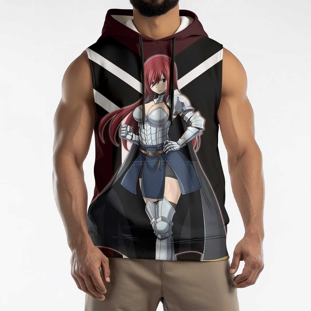 Erza Scarlet Fairy Tail Sleeveless Hoodie with Armored Pose and Fierce Battle Design - The Mazicc