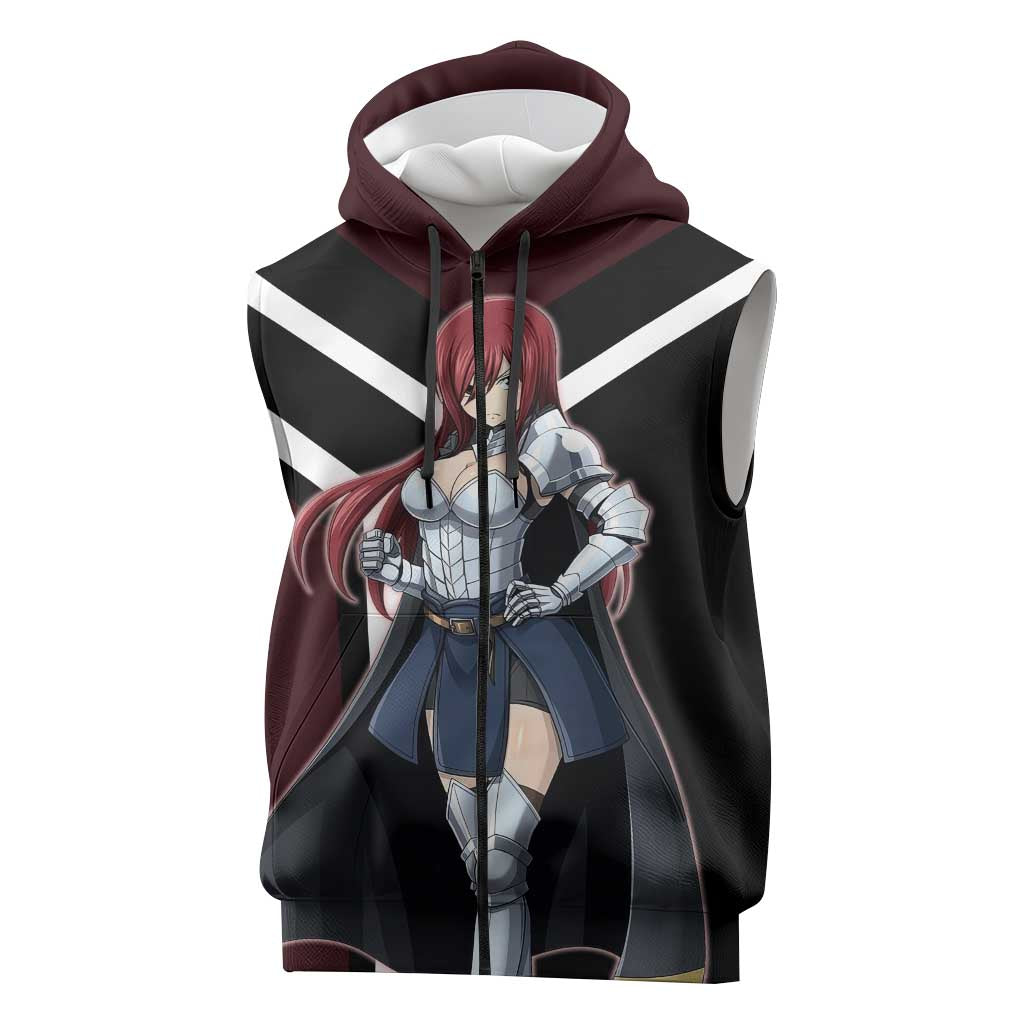 Erza Scarlet Fairy Tail Sleeveless Zip Hoodie with Armored Pose and Fierce Battle Design - The Mazicc