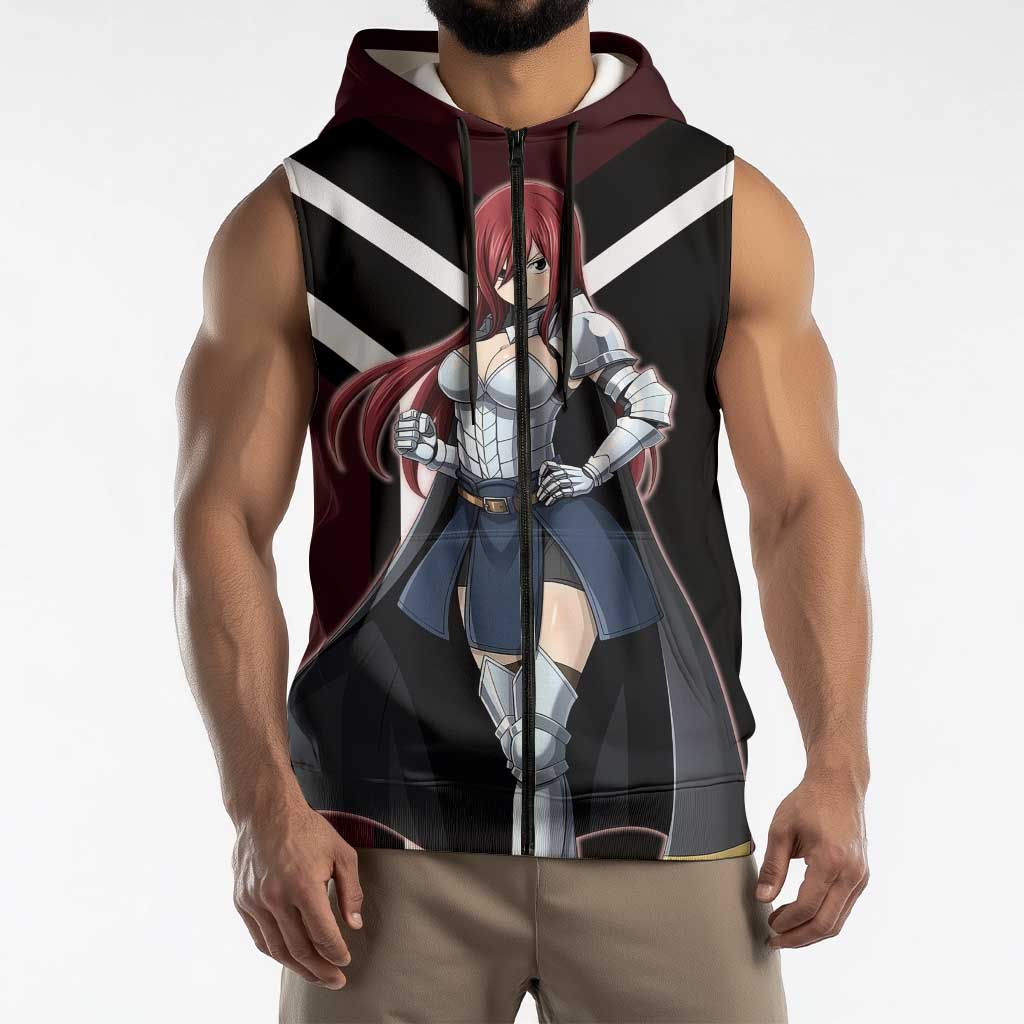 Erza Scarlet Fairy Tail Sleeveless Zip Hoodie with Armored Pose and Fierce Battle Design - The Mazicc