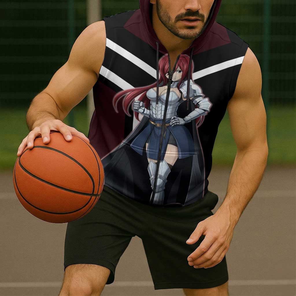 Erza Scarlet Fairy Tail Sleeveless Zip Hoodie with Armored Pose and Fierce Battle Design - The Mazicc