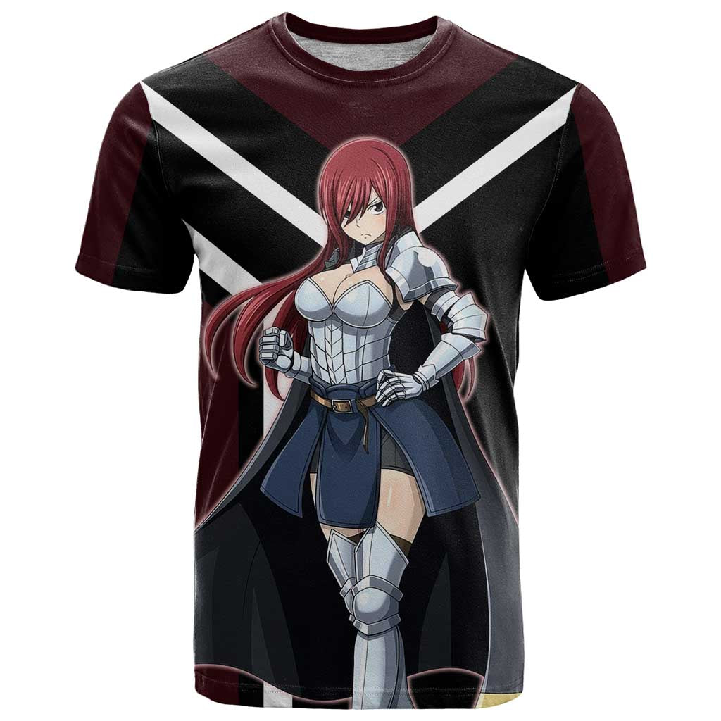 Erza Scarlet Fairy Tail T Shirt with Armored Pose and Fierce Battle Design - The Mazicc