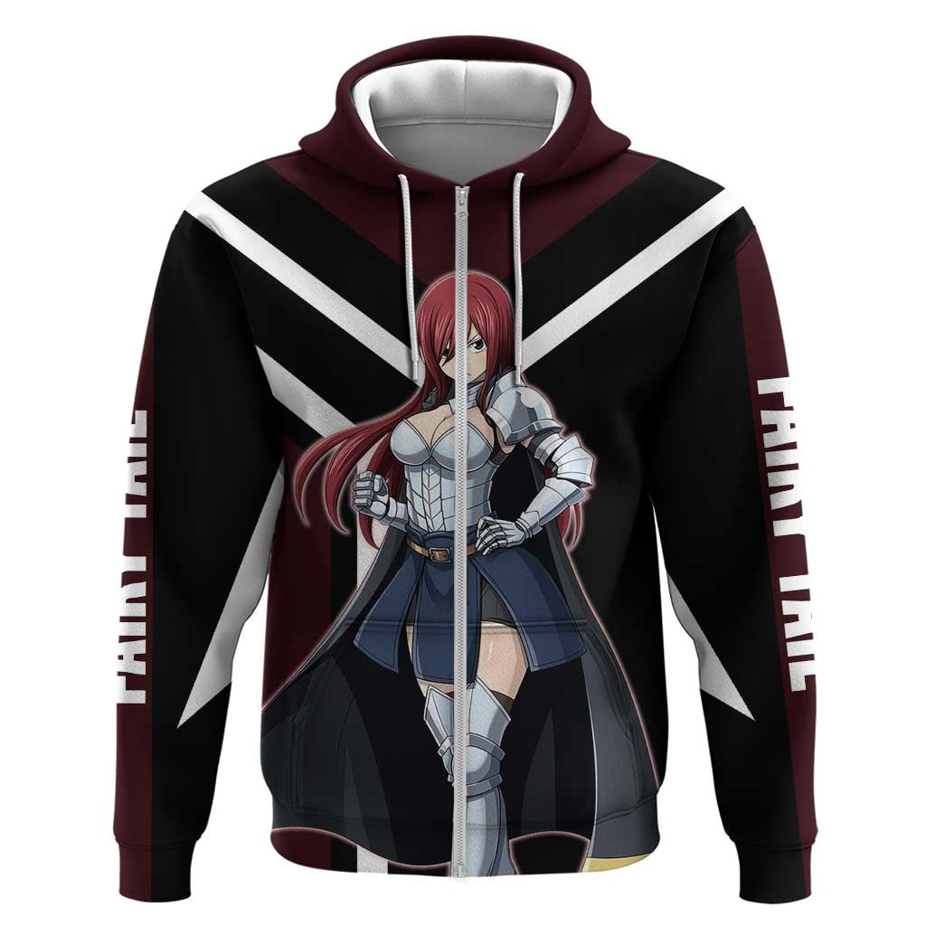 Erza Scarlet Fairy Tail Zip Hoodie with Armored Pose and Fierce Battle Design - The Mazicc