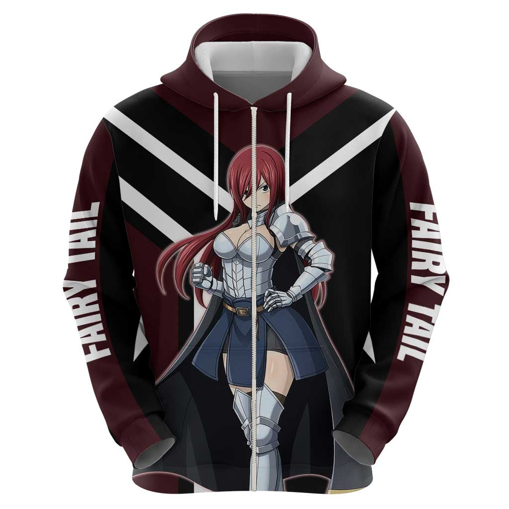 Erza Scarlet Fairy Tail Zip Hoodie with Armored Pose and Fierce Battle Design - The Mazicc
