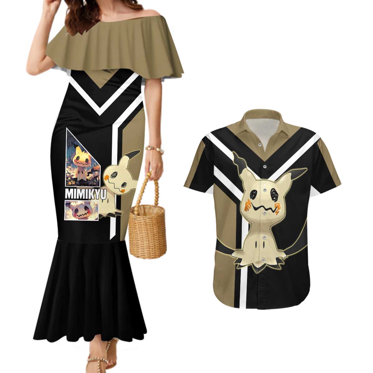 Mimikyu Couples Matching Mermaid Dress and Hawaiian Shirt with Ghost and Fairy Type and Cute Spooky Design - The Mazicc