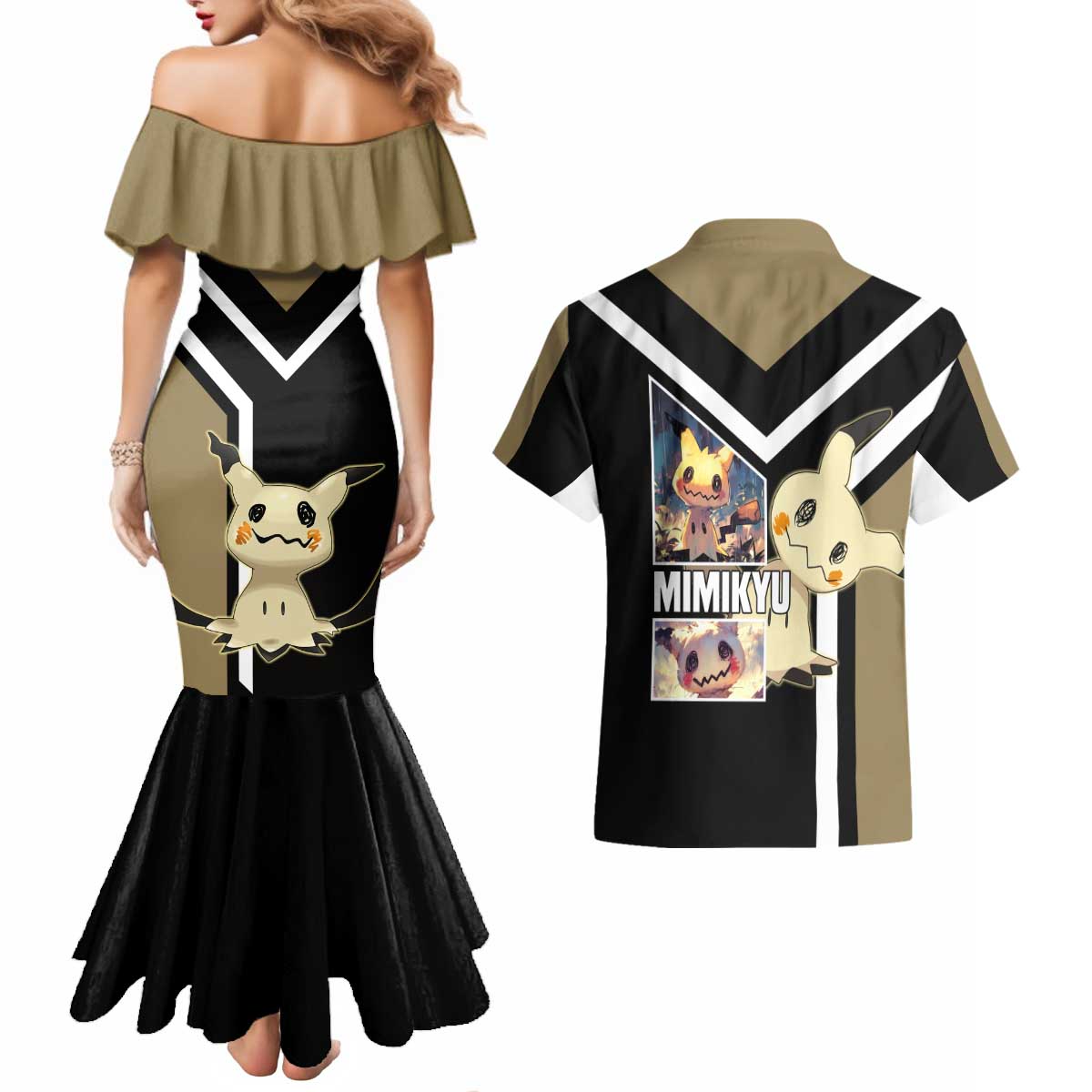 Mimikyu Couples Matching Mermaid Dress and Hawaiian Shirt with Ghost and Fairy Type and Cute Spooky Design - The Mazicc