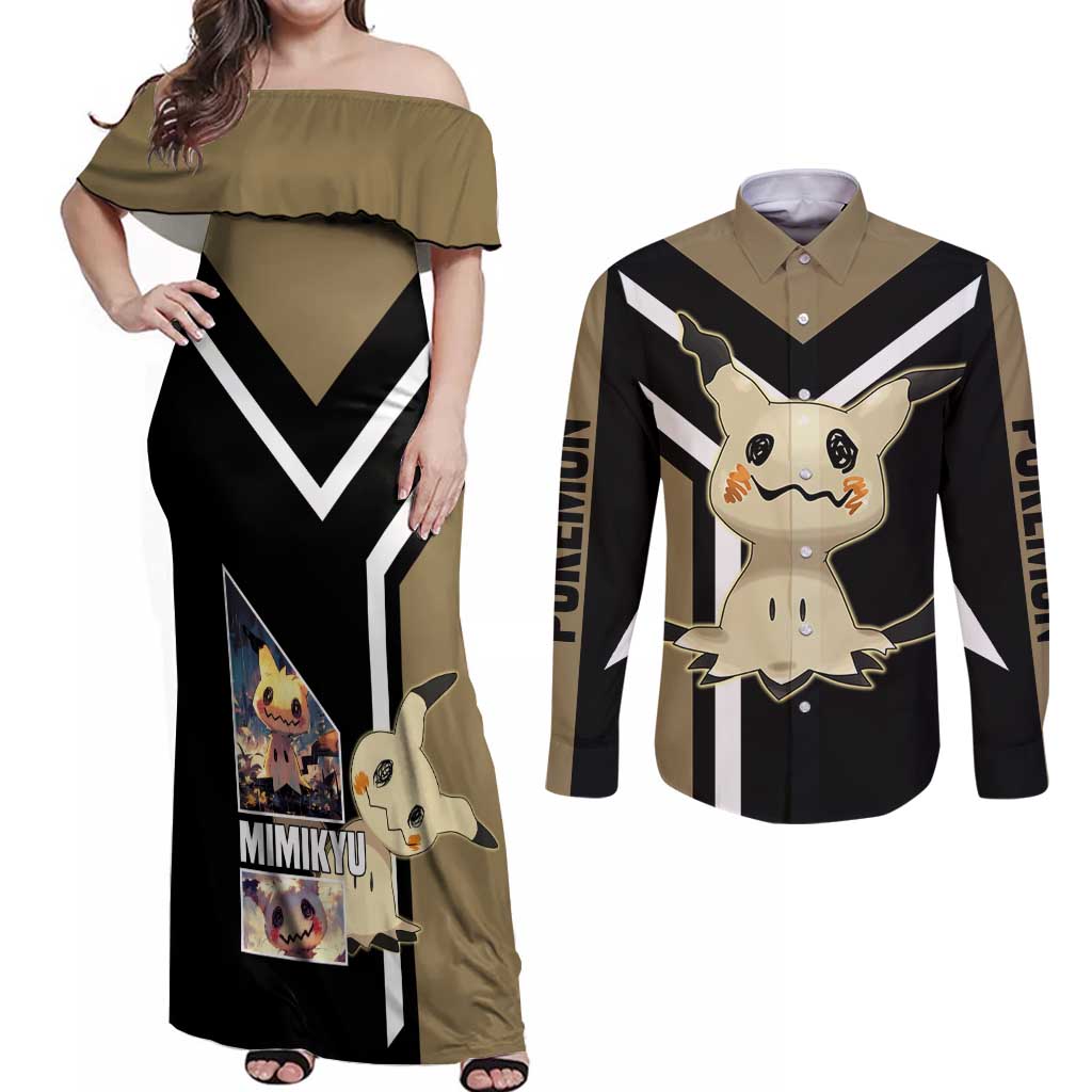 Mimikyu Couples Matching Off Shoulder Maxi Dress and Long Sleeve Button Shirt with Ghost and Fairy Type and Cute Spooky Design - The Mazicc