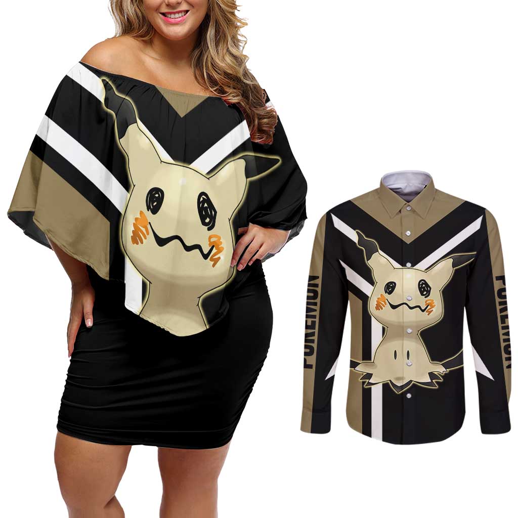 Mimikyu Couples Matching Off Shoulder Short Dress and Long Sleeve Button Shirt with Ghost and Fairy Type and Cute Spooky Design - The Mazicc