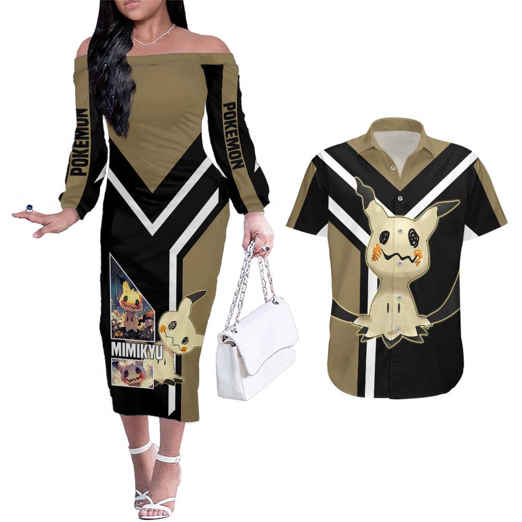 Mimikyu Couples Matching Off The Shoulder Long Sleeve Dress and Hawaiian Shirt with Ghost and Fairy Type and Cute Spooky Design - The Mazicc