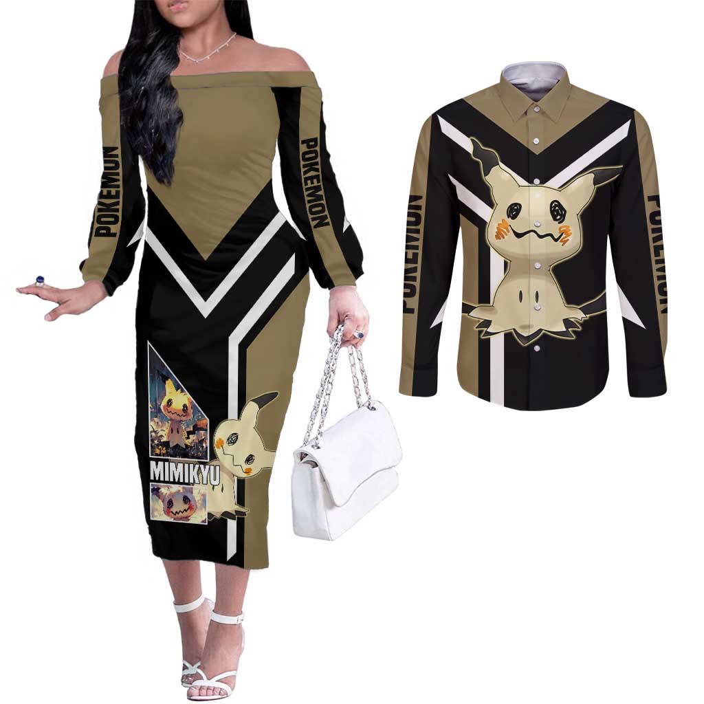 Mimikyu Couples Matching Off The Shoulder Long Sleeve Dress and Long Sleeve Button Shirt with Ghost and Fairy Type and Cute Spooky Design - The Mazicc