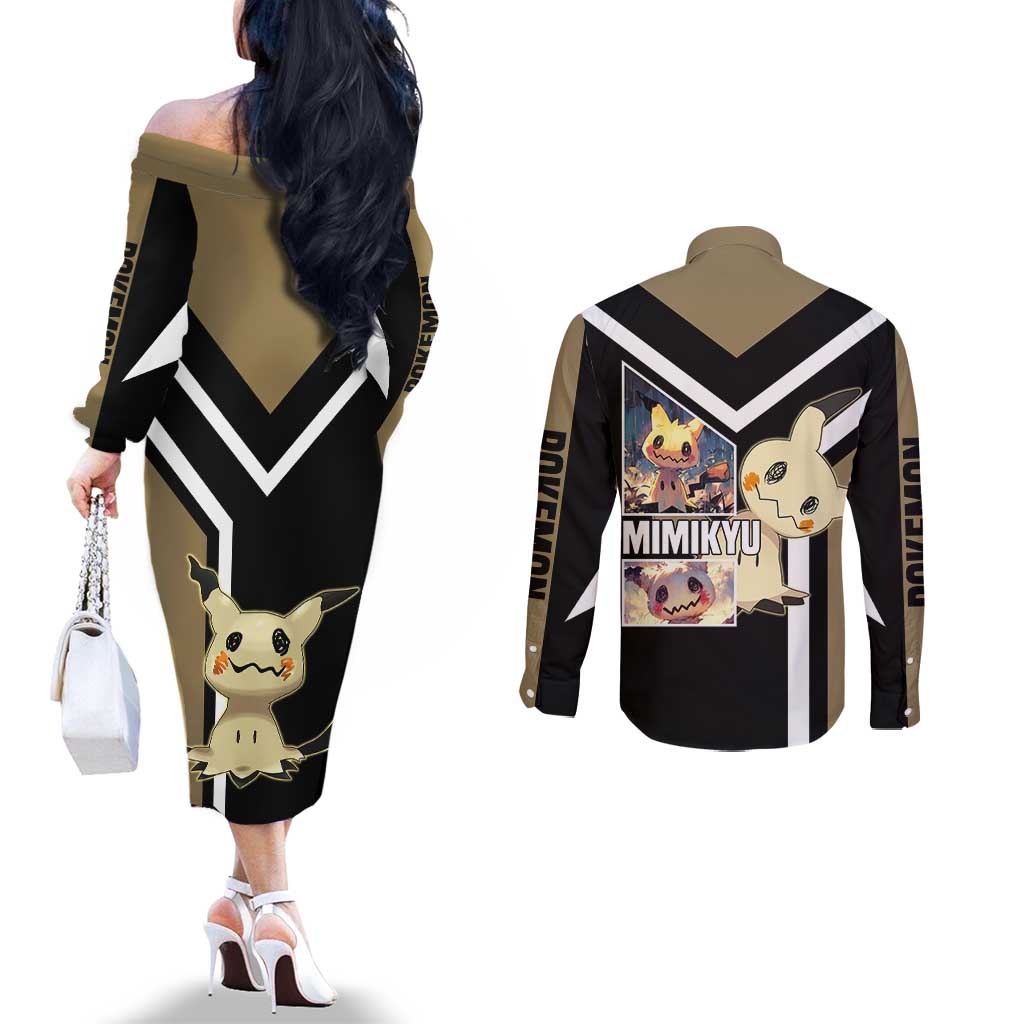 Mimikyu Couples Matching Off The Shoulder Long Sleeve Dress and Long Sleeve Button Shirt with Ghost and Fairy Type and Cute Spooky Design - The Mazicc