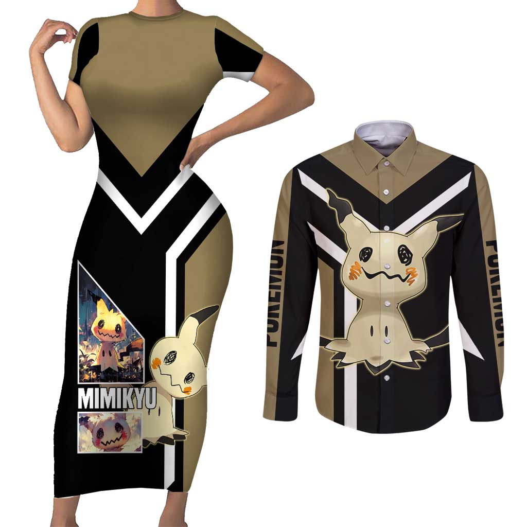 Mimikyu Couples Matching Short Sleeve Bodycon Dress and Long Sleeve Button Shirt with Ghost and Fairy Type and Cute Spooky Design - The Mazicc