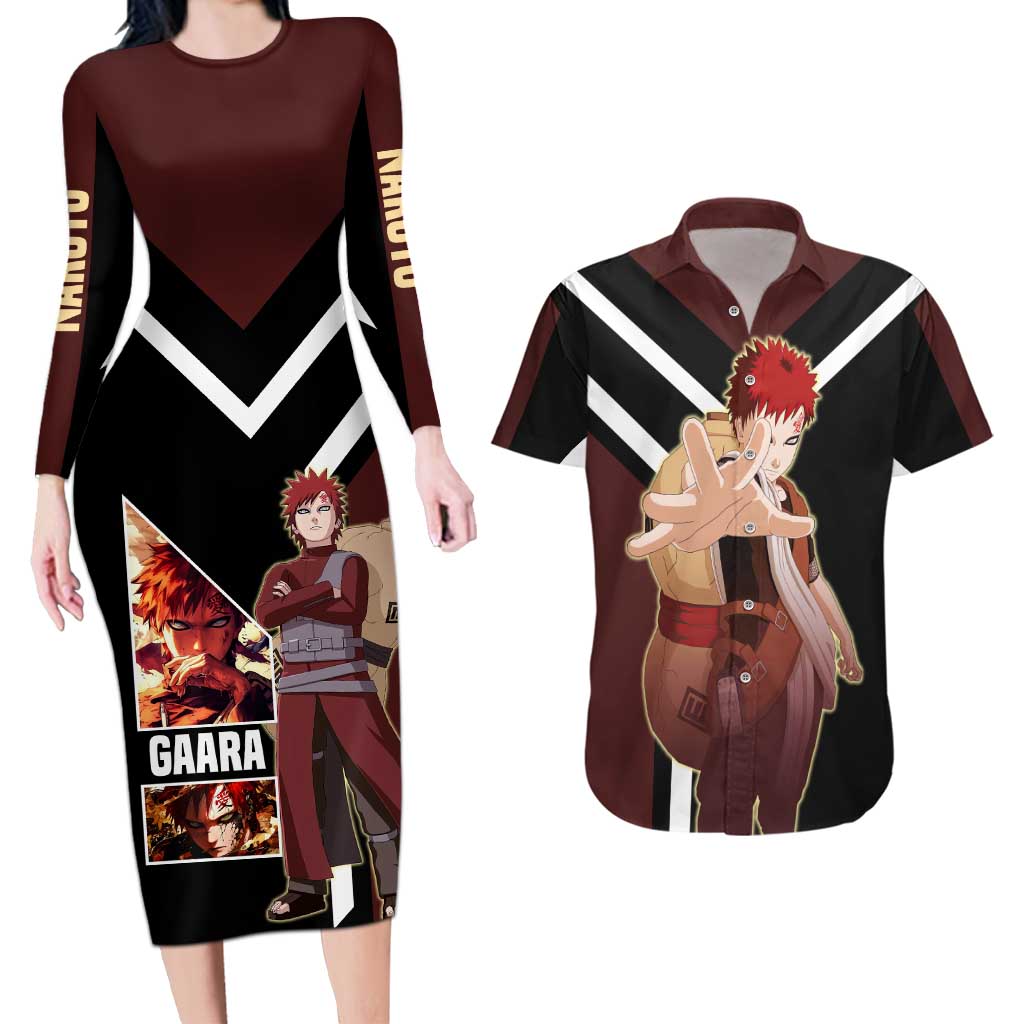 Gaara Naruto Couples Matching Long Sleeve Bodycon Dress and Hawaiian Shirt with Sand Powers and Intense Battle Pose Design - The Mazicc